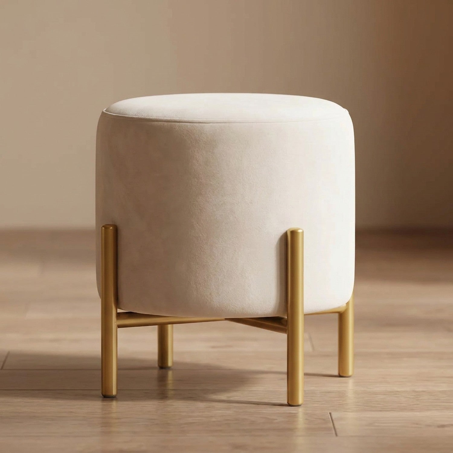 Pouf rond en velours Blanche vue de trois quarts