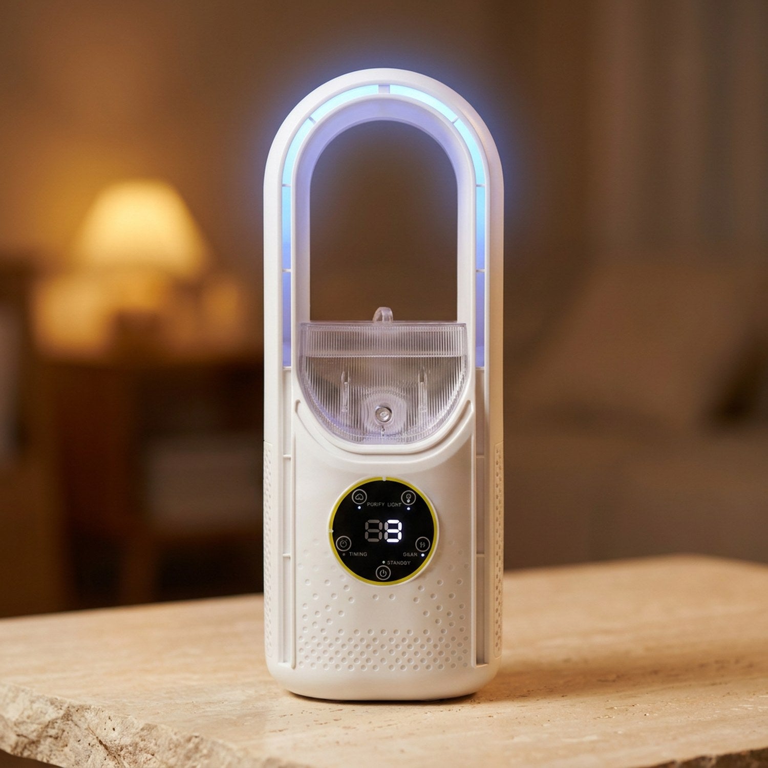 Ventilateur humidificateur blanc gros plan