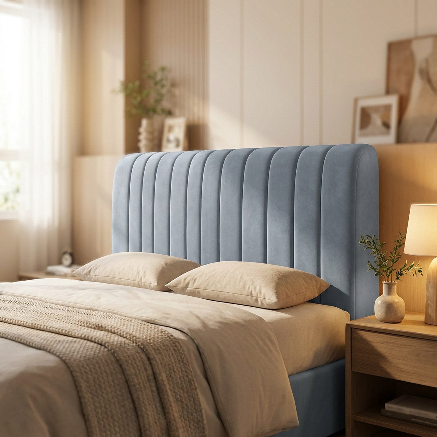 Housse de tête de lit bleue capitonnée installée sur un lit