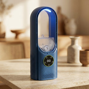 Ventilateur humidificateur bleu gros plan