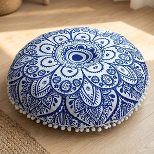Coussin de sol mandala bleu marine et blanc avec pompons