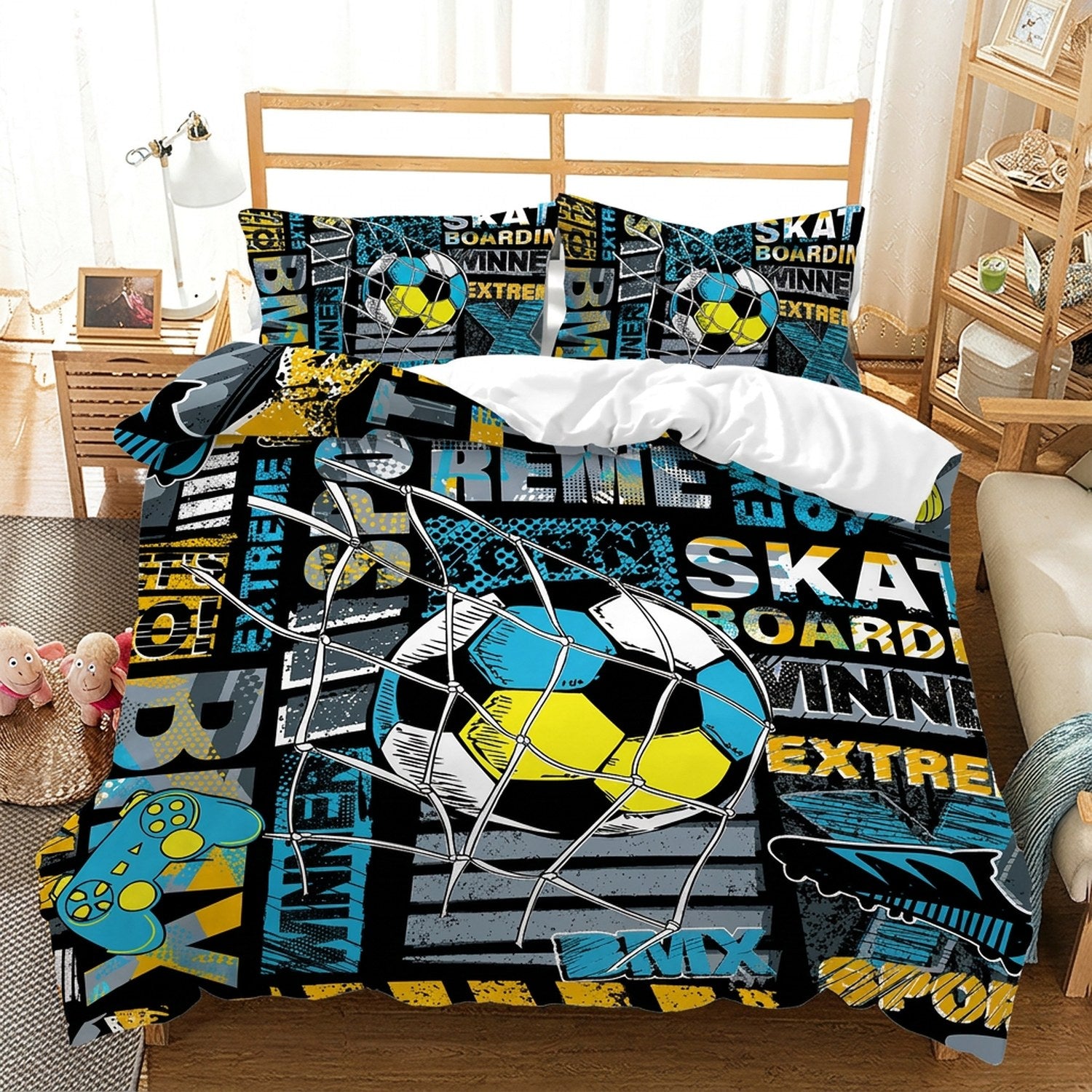 Housse de couette de football graffiti bleu et jaune style skate