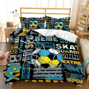 Housse de couette de football graffiti bleu et jaune style skate