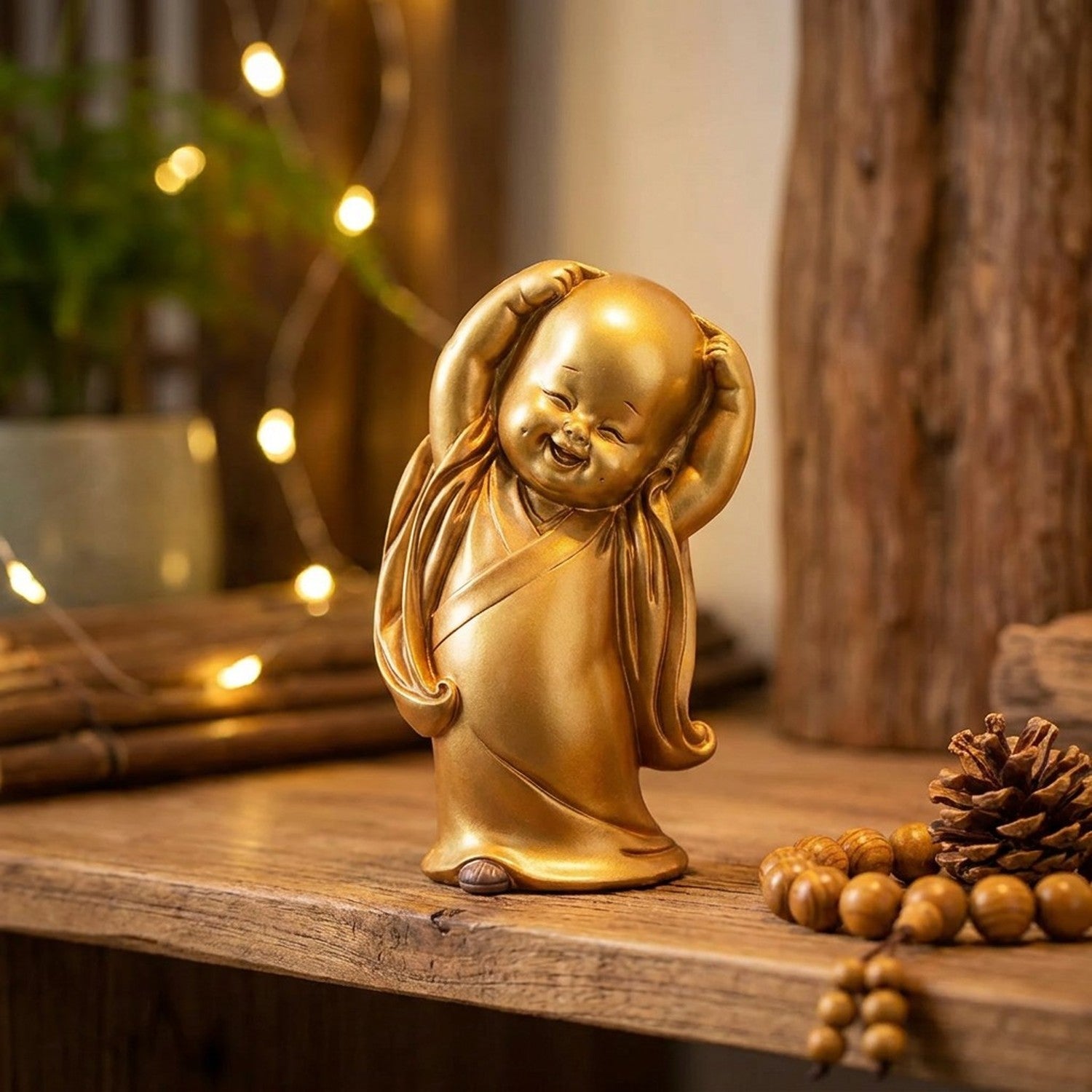 Statuette de petit moine bouddhiste pose Bras levés en résine beige décoration zen
