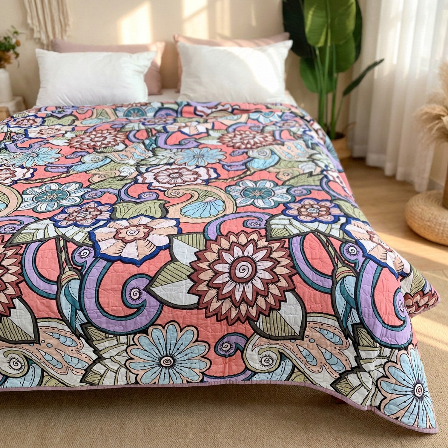 Couvre-lit matelassé motif floral bohème corail sur un lit