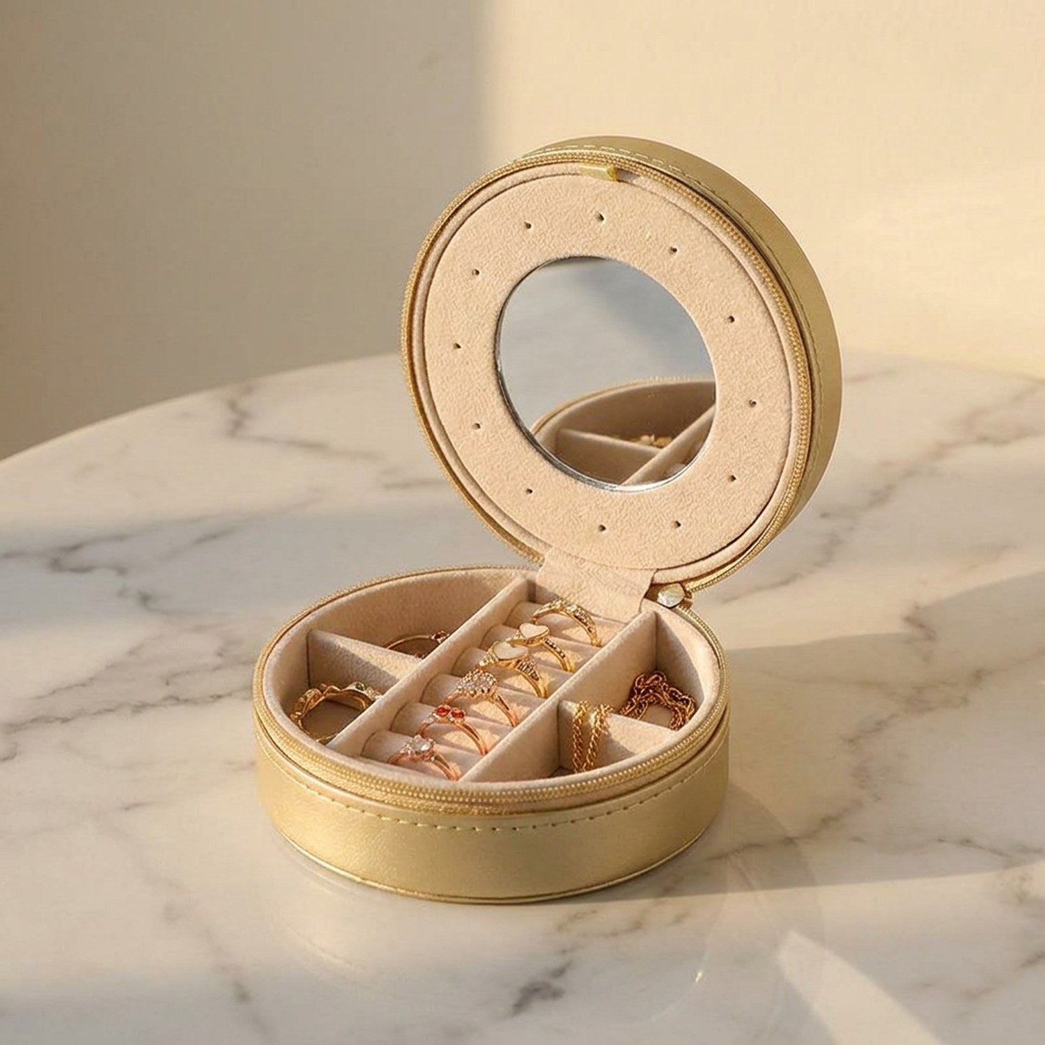 Coffret à bijoux de voyage dorée ouvert sur marbre avec bijoux dorés