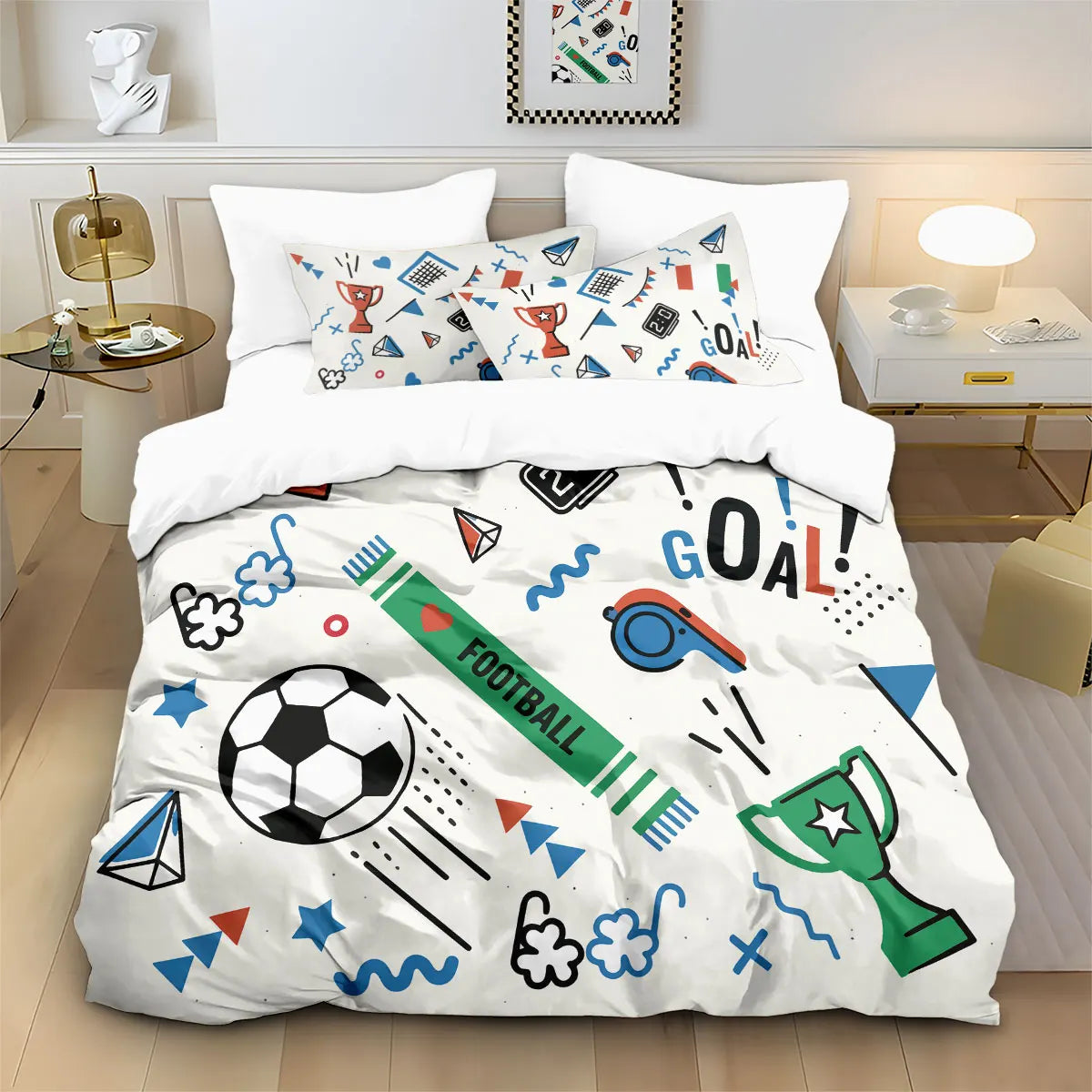 Parure de lit football enfant 3 pièces housse de couette taie variante Multicolore