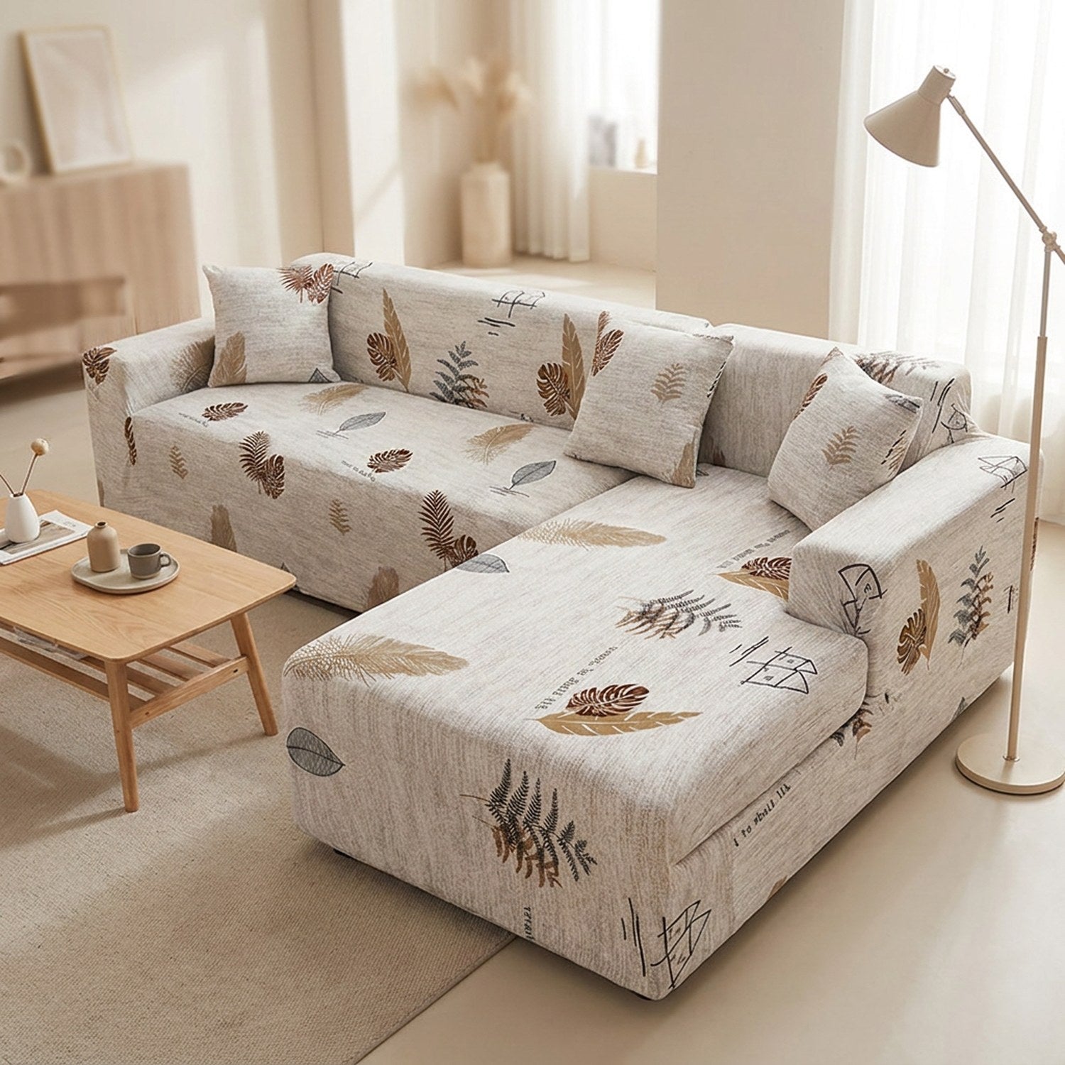 Housse de canapé motif feuilles beige élastique adaptée au canapé