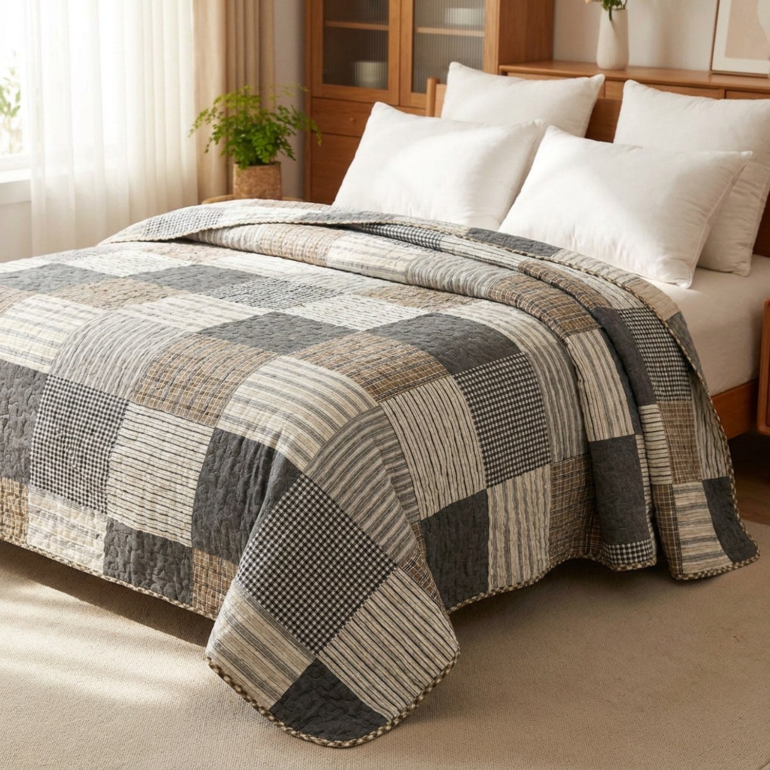 Couvre-lit matelassé motif patchwork gris sur un lit