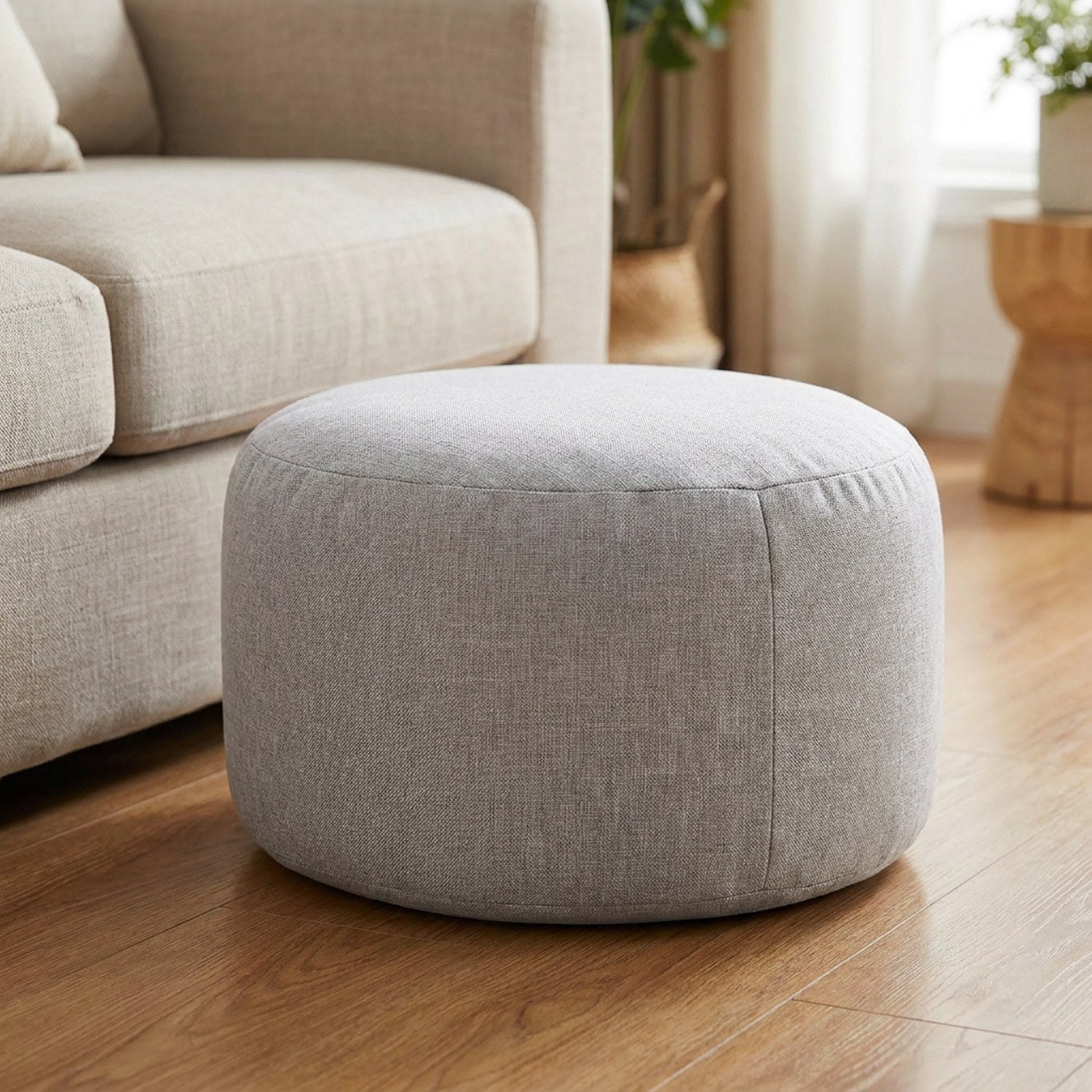 Pouf tabouret rond en lin coloris gris