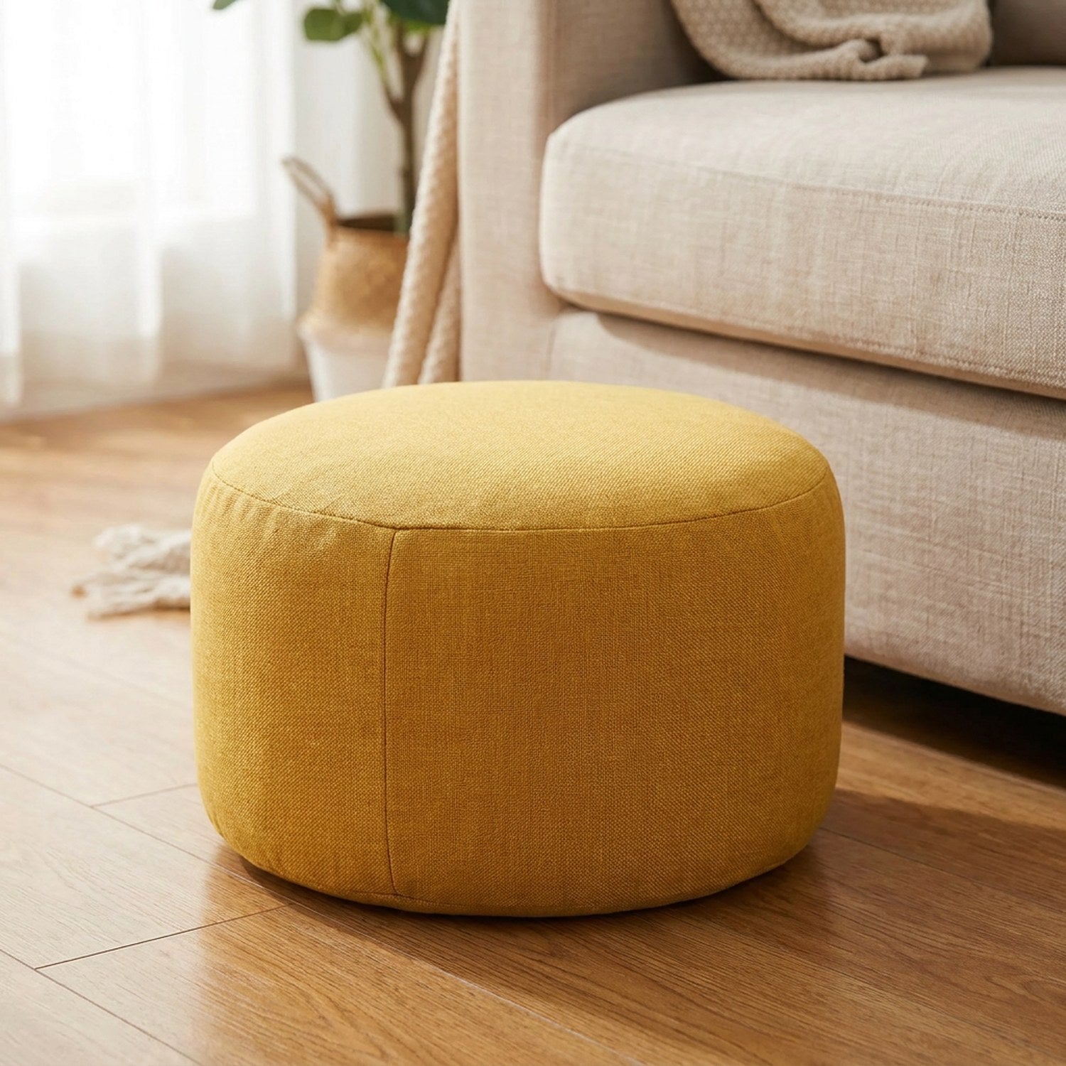 Pouf tabouret rond en lin coloris jaune