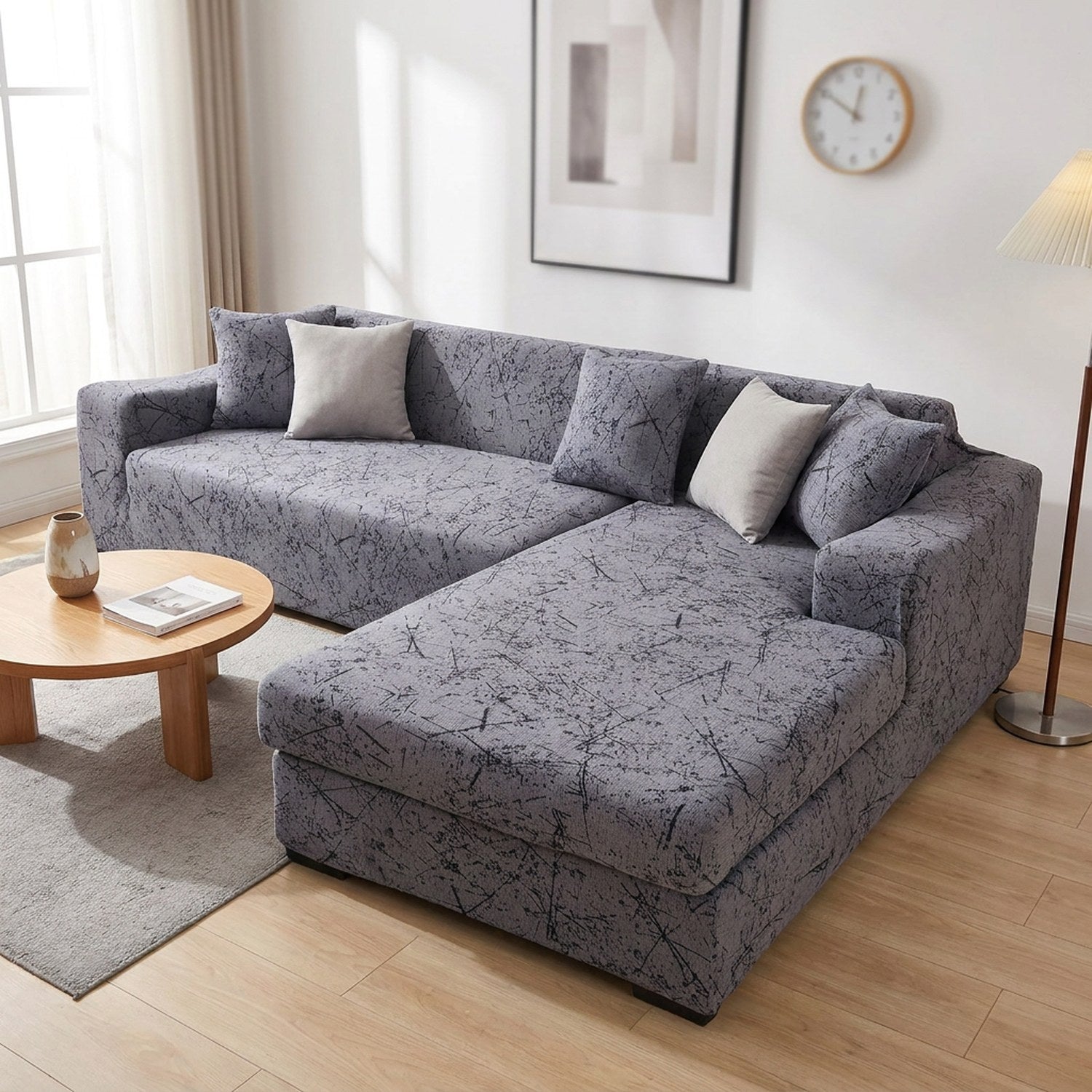 Housse de canapé motif lignes grises élastique adaptée au canapé