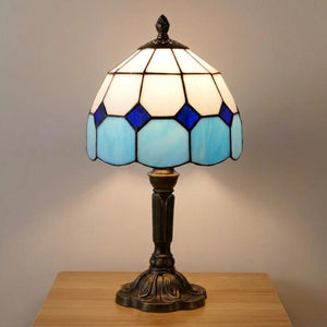Lampe style Tiffany modèle Losanges bleus, abat-jour vitrail bleu et blanc