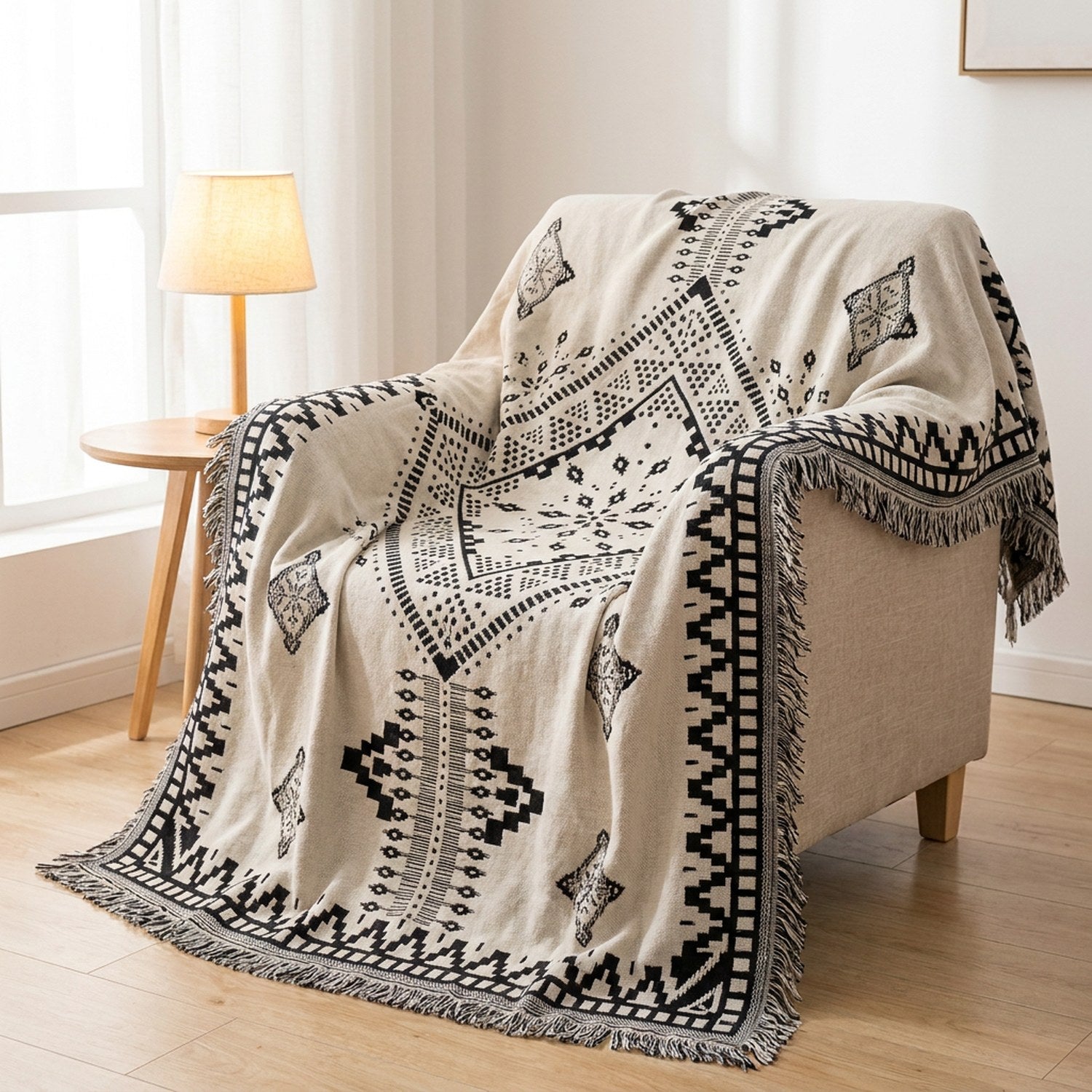 Jeté de canapé motif mandala noir et blanc avec franges