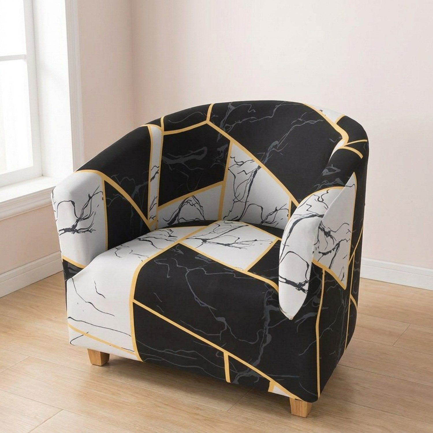 Fauteuil club housse motif marbre doré noir et blanc