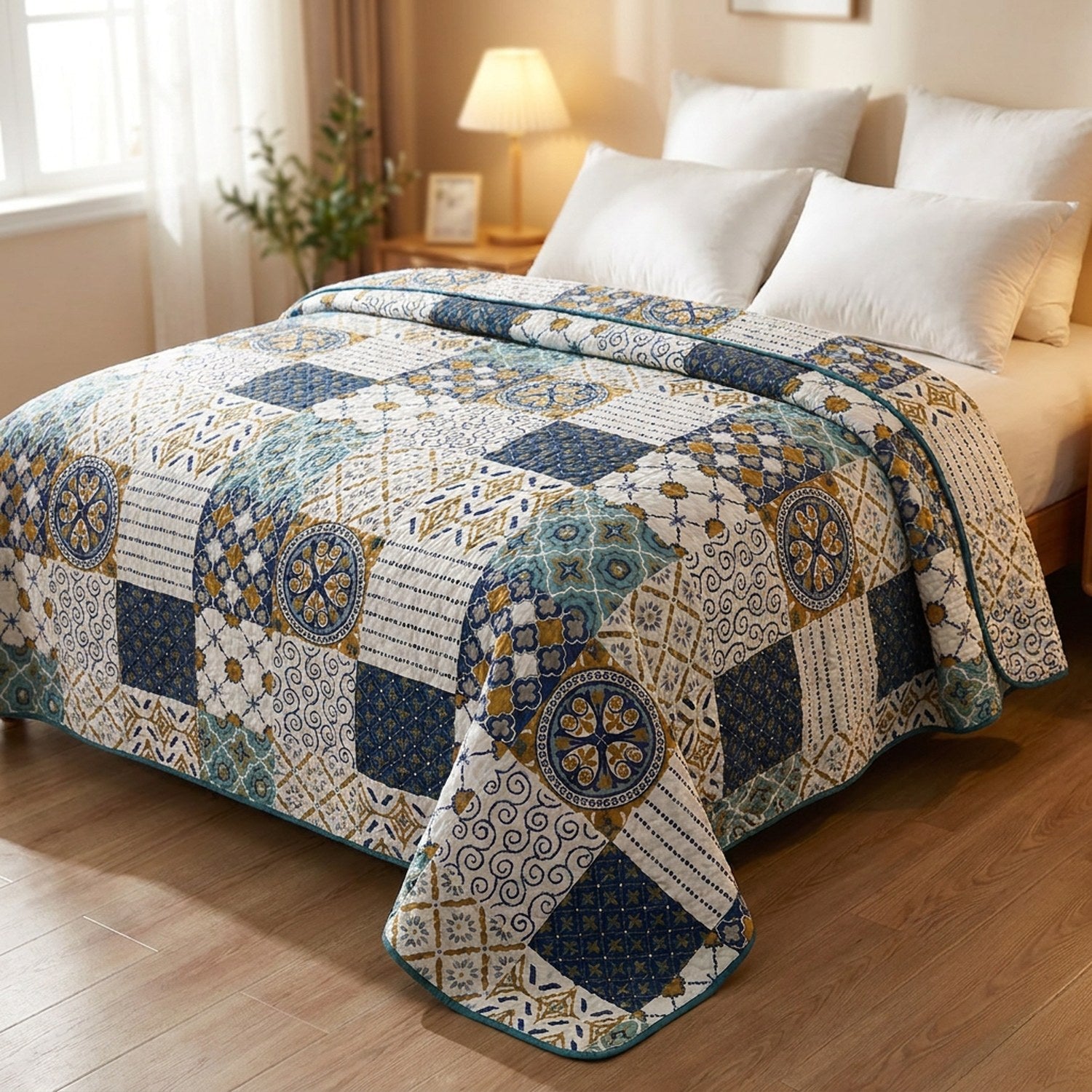 Couvre-lit matelassé motif patchwork bleu marine et or sur un lit