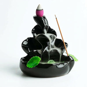 Brûleur d'encens cascade Modèle Montagne multi-niveaux avec feuilles de lotus en céramique