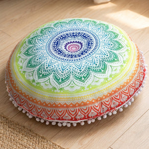 Coussin de sol mandala multicolore arc-en-ciel avec pompons