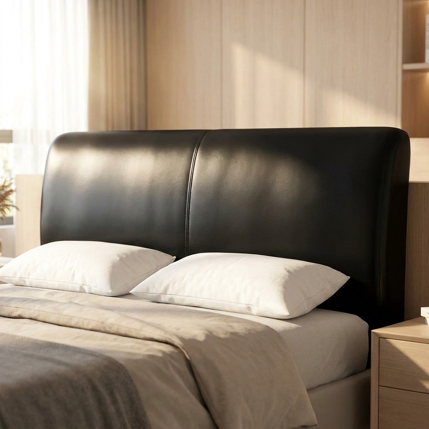 Housse de tête de lit noire effet cuir installée sur un lit dans une chambre chaleureuse