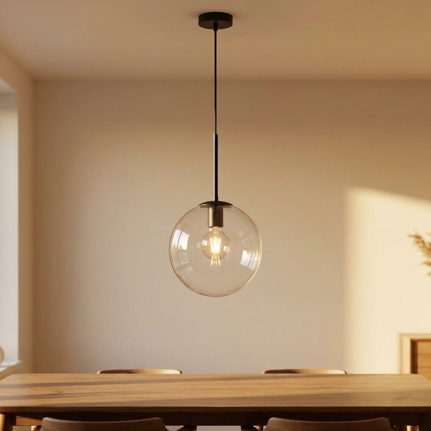 Suspension boule en verre transparent avec tige noire allumée