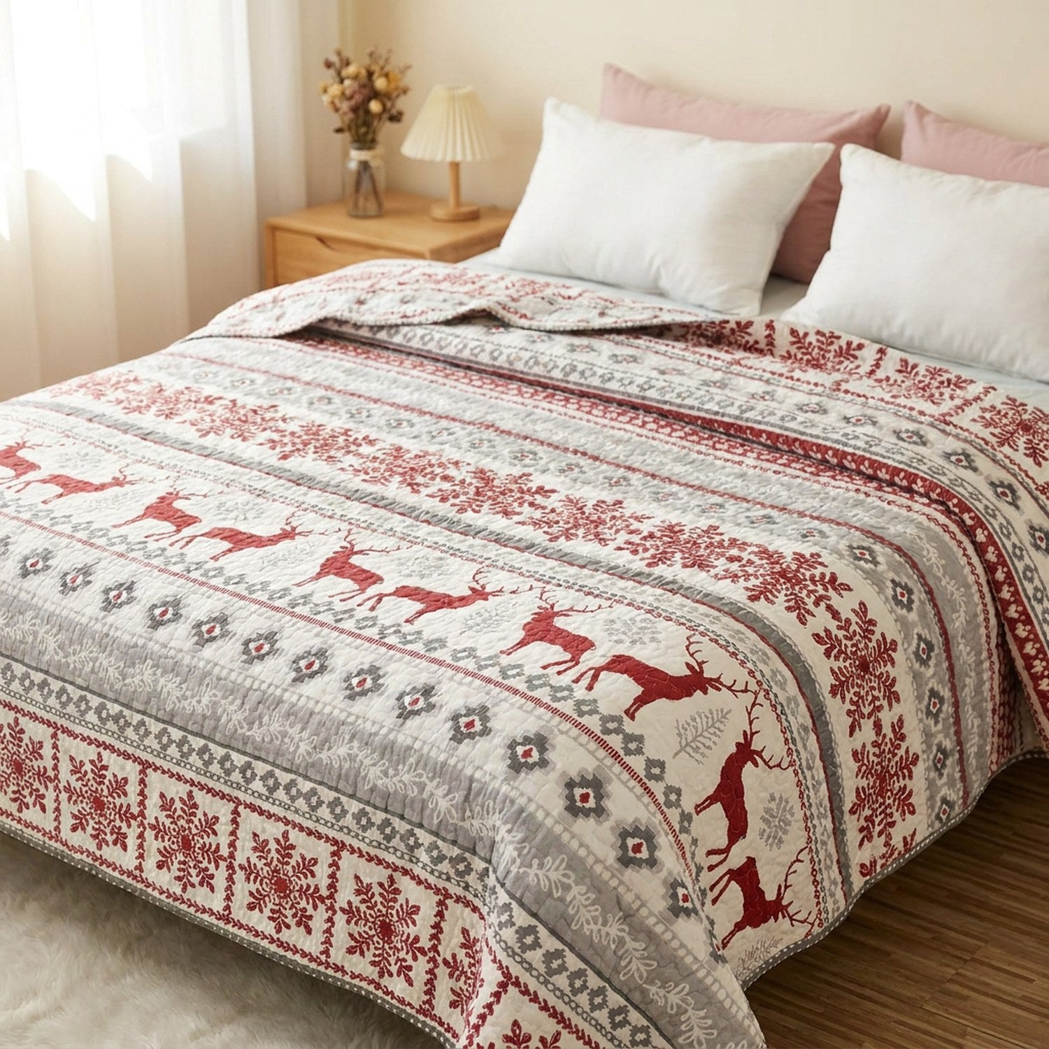 Couvre-lit matelassé motif cerfs scandinaves rouge et gris sur un lit