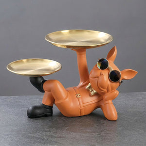 Statuette bouledogue décoratif orange avec double plateau doré en résine