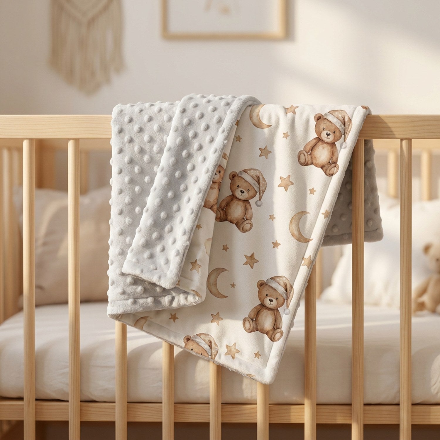 Couverture bébé minky réversible grise à motif oursons pliée sur un lit à barreaux