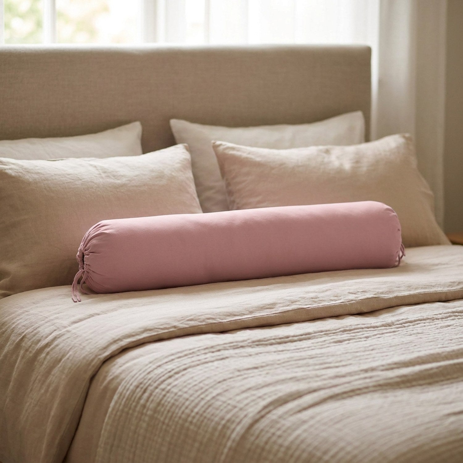 Traversin cylindrique rose posé sur un lit contre une tête de lit