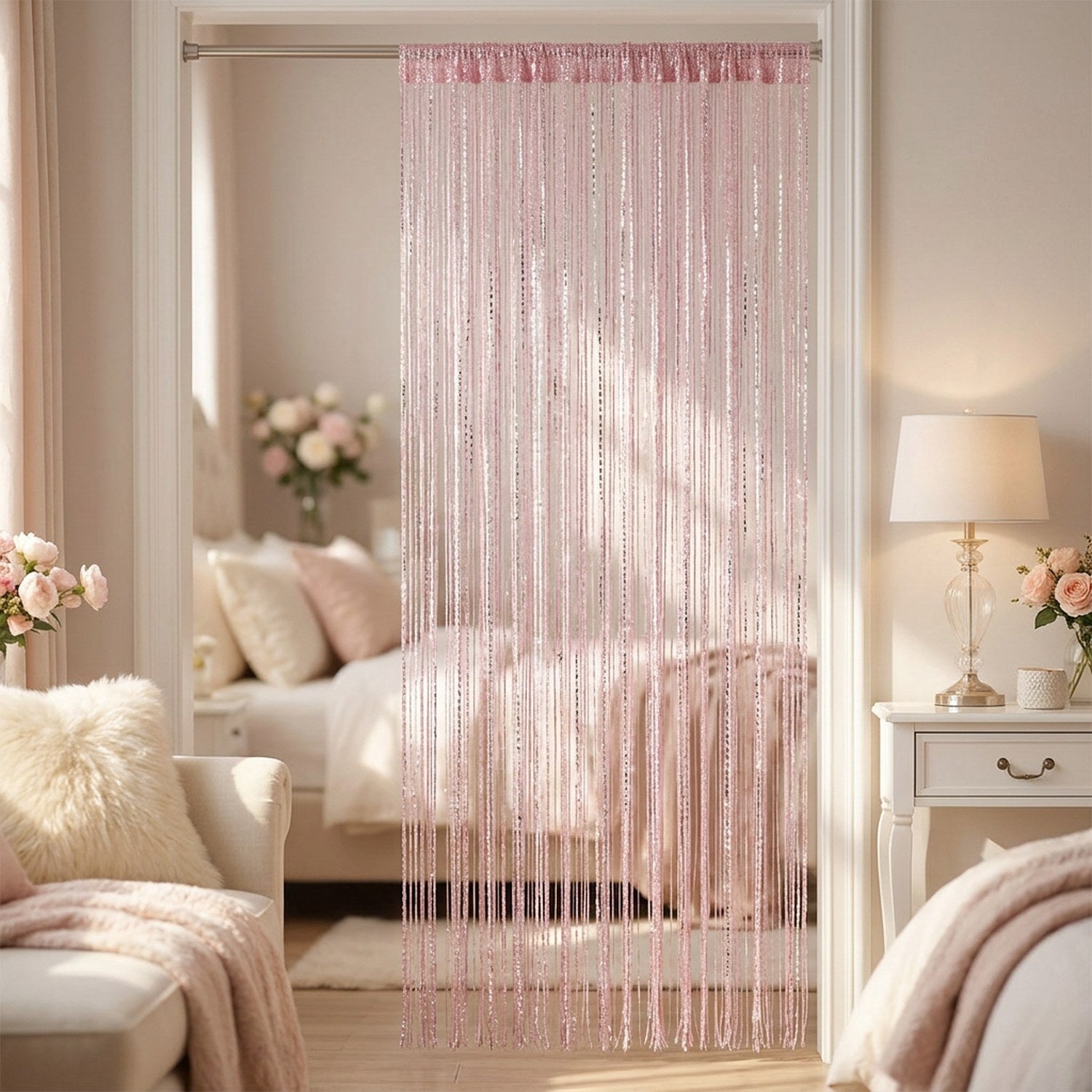 Rideau à fils scintillant rose suspendu dans une chambre romantique