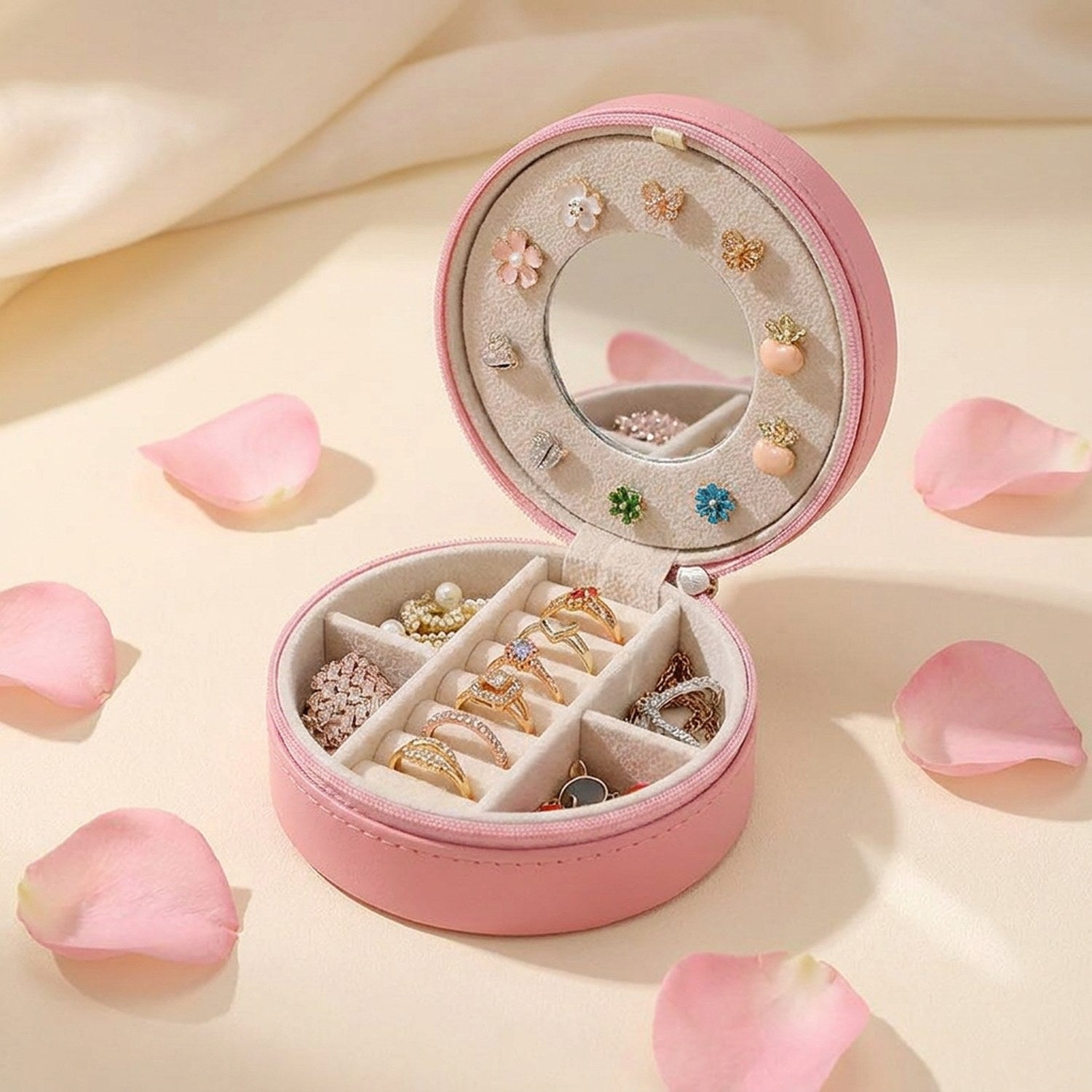 Coffret à bijoux de voyage rose ouvert entouré de pétales de rose avec boucles d'oreilles fleuries