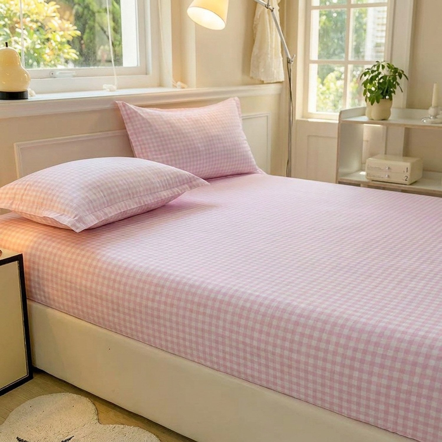 Drap housse a carreaux vichy rose et blanc avec taies assorties