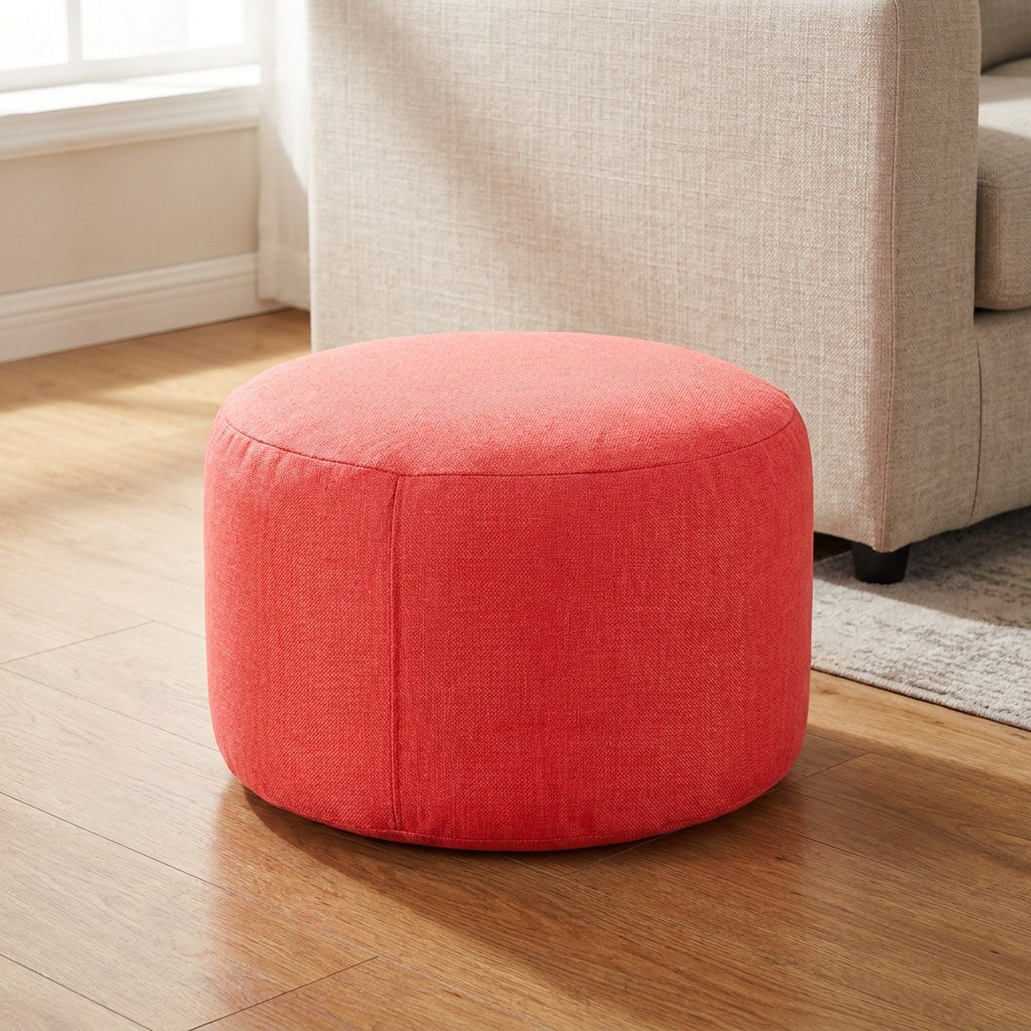 Pouf tabouret rond en lin coloris rouge