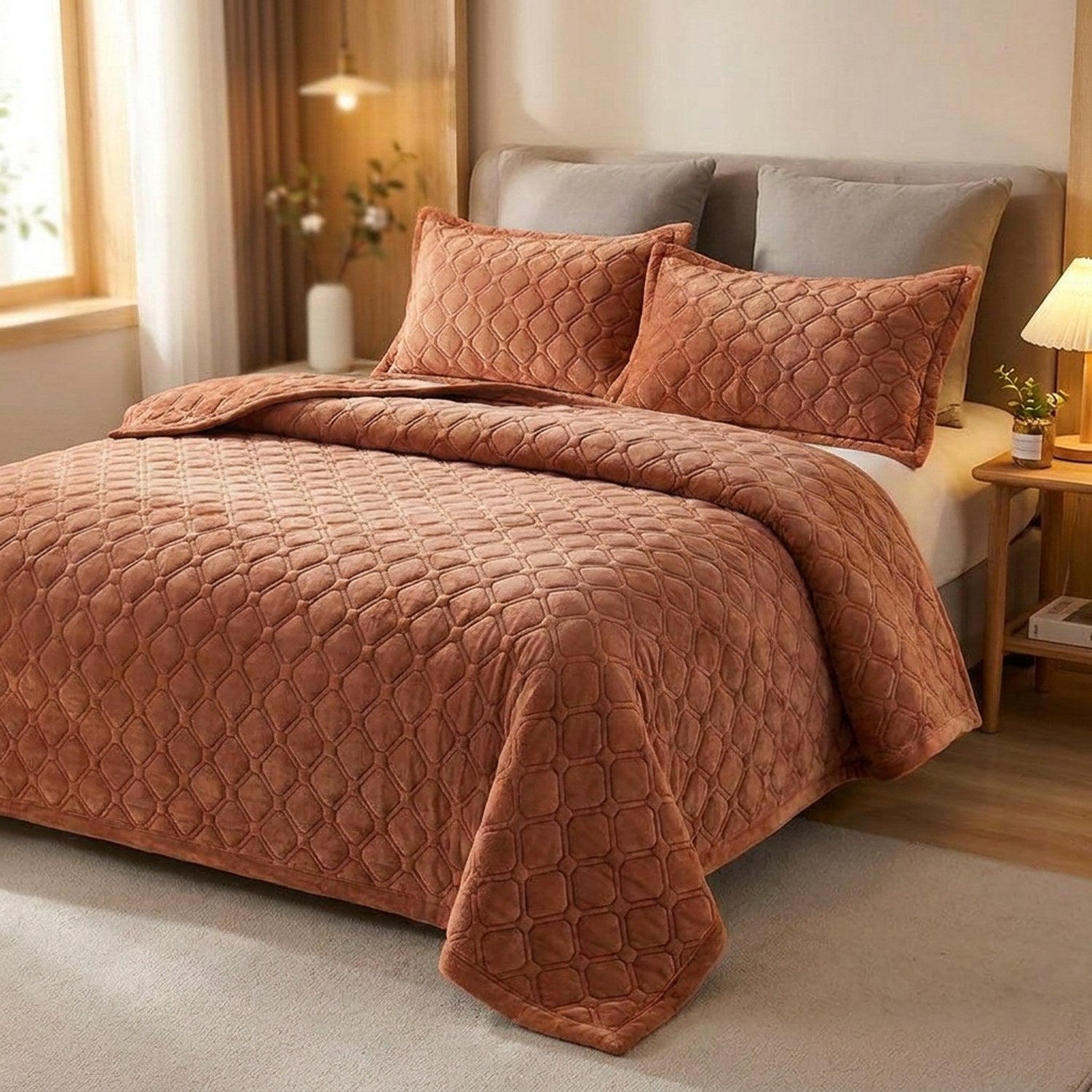 Couvre-lit matelassé terracotta avec taies assorties sur un lit