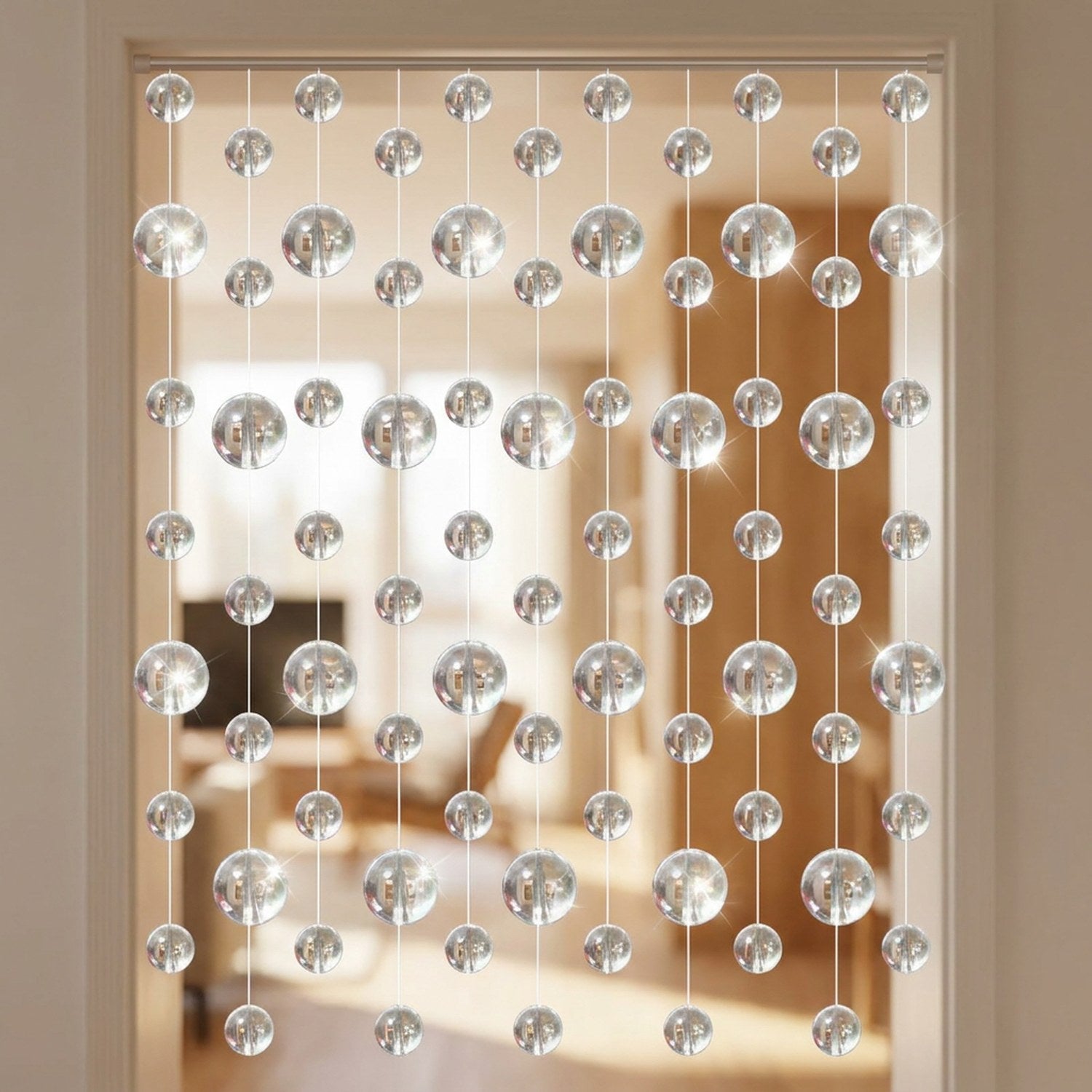 Rideau de perles en cristal transparentes suspendu dans une porte lumineuse