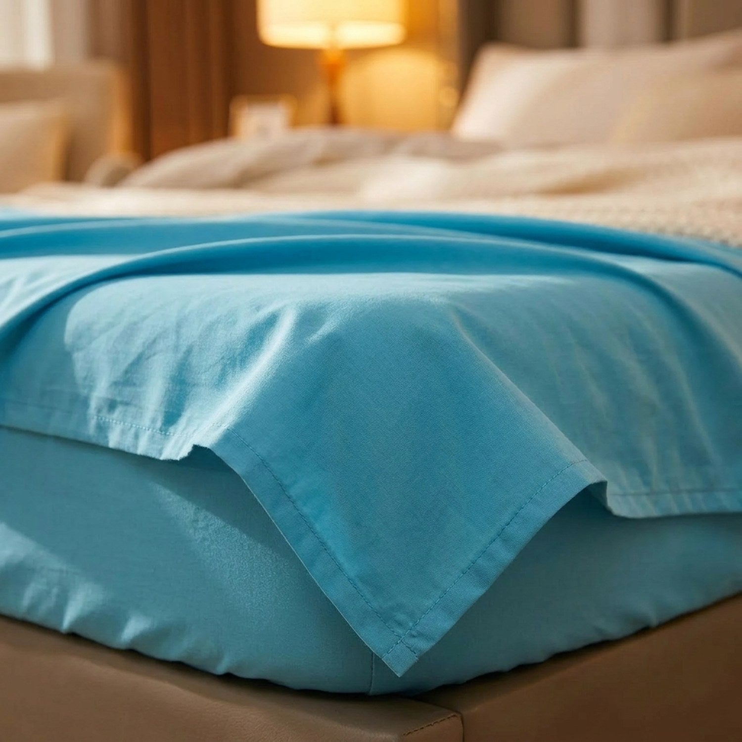 Drap plat en coton turquoise replié sur un lit dans une chambre chaleureuse
