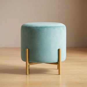 Pouf rond en velours Turquoise vue de trois quarts