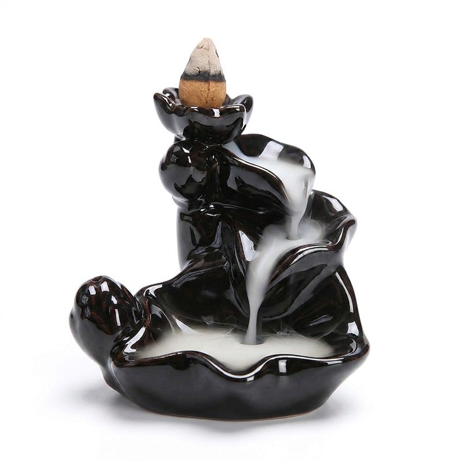 Brûleur d'encens cascade Modèle Vagues en céramique noire sur fond blanc