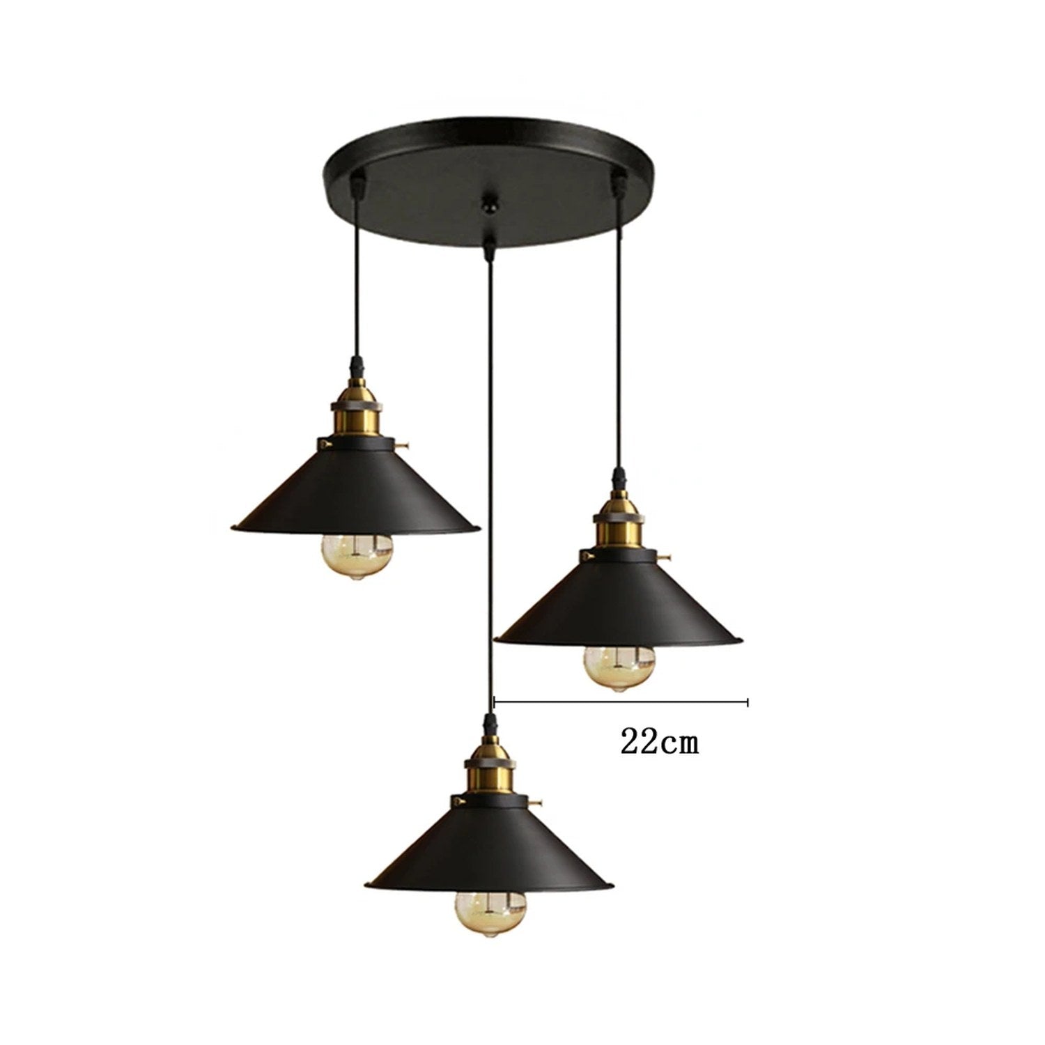 Triple suspension ronde avec 3 abat-jour coniques noirs et rosace circulaire noire