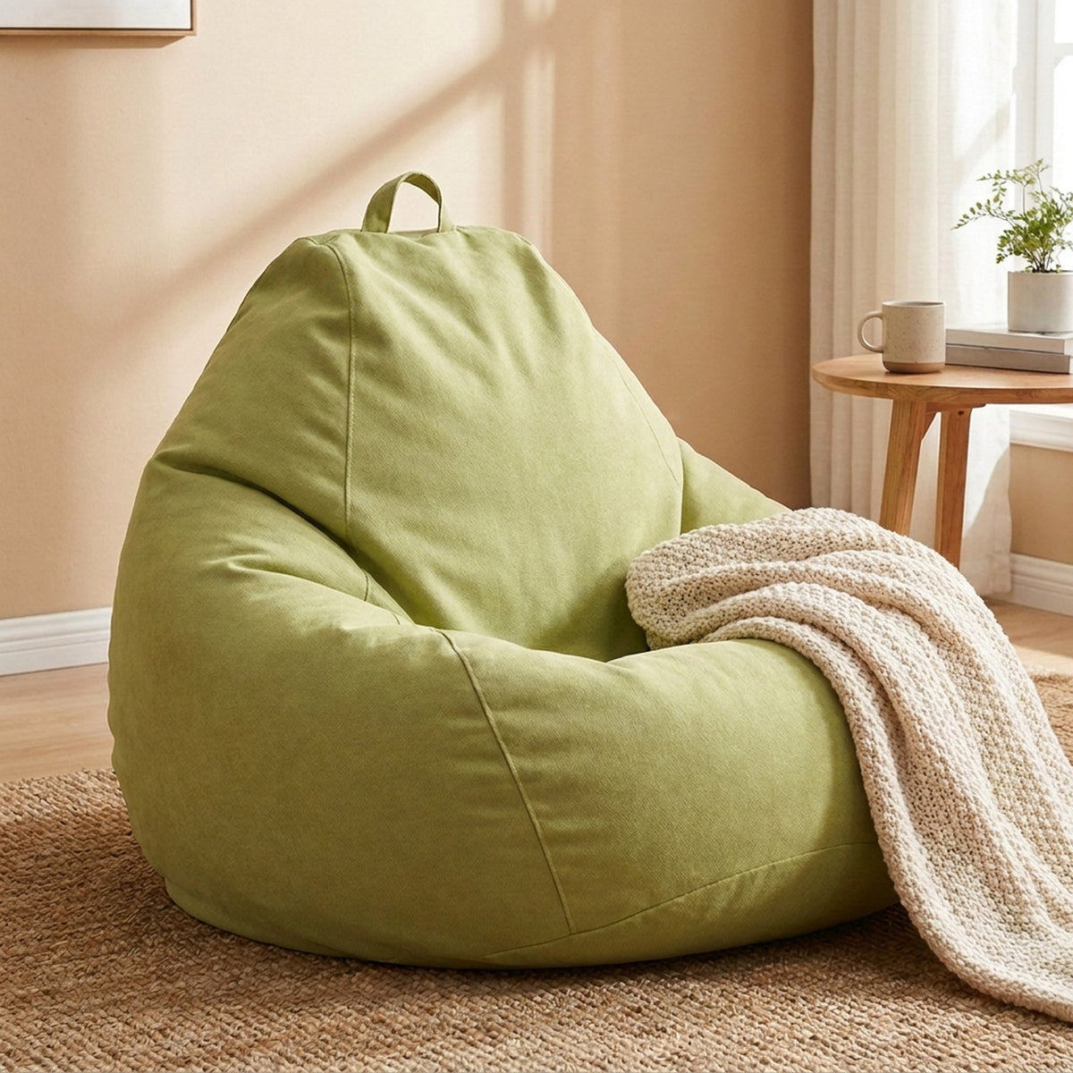 Housse de pouf tatami vert avec plaid dans un salon lumineux