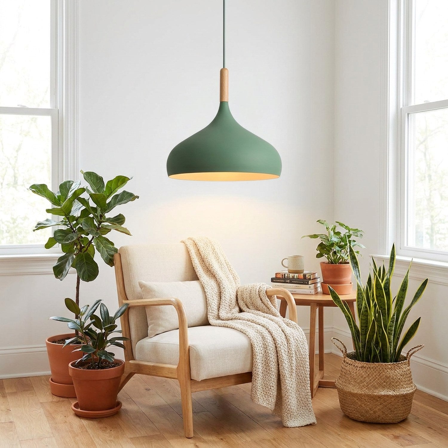 Suspension nordique coloris Vert abat-jour oignon bois