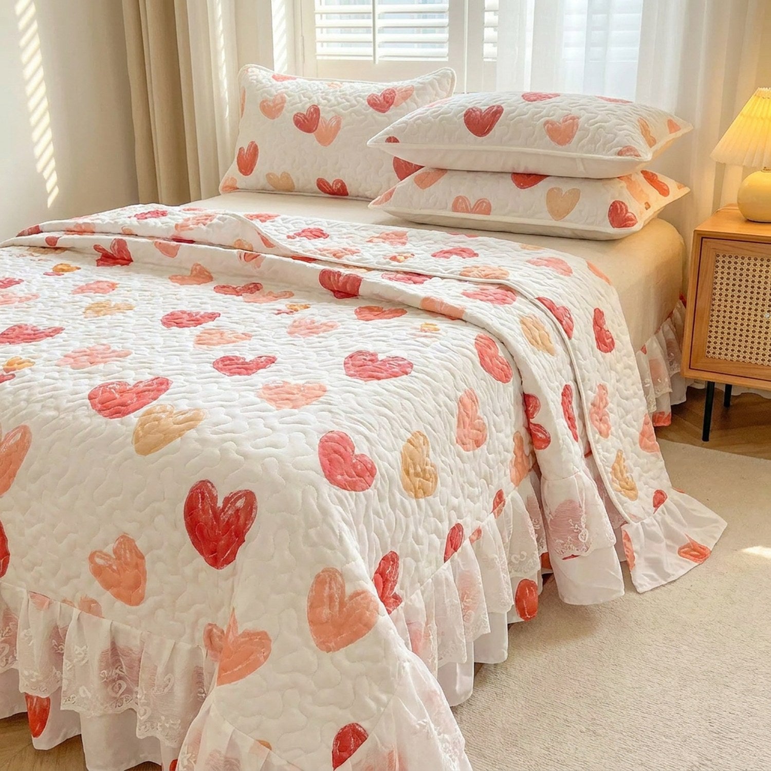 Couvre-lit blanc à coeurs rouges et roses sur lit fait