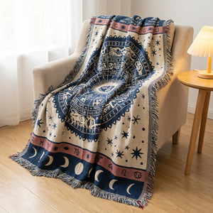 Jeté de canapé motif zodiaque bleu marine avec franges