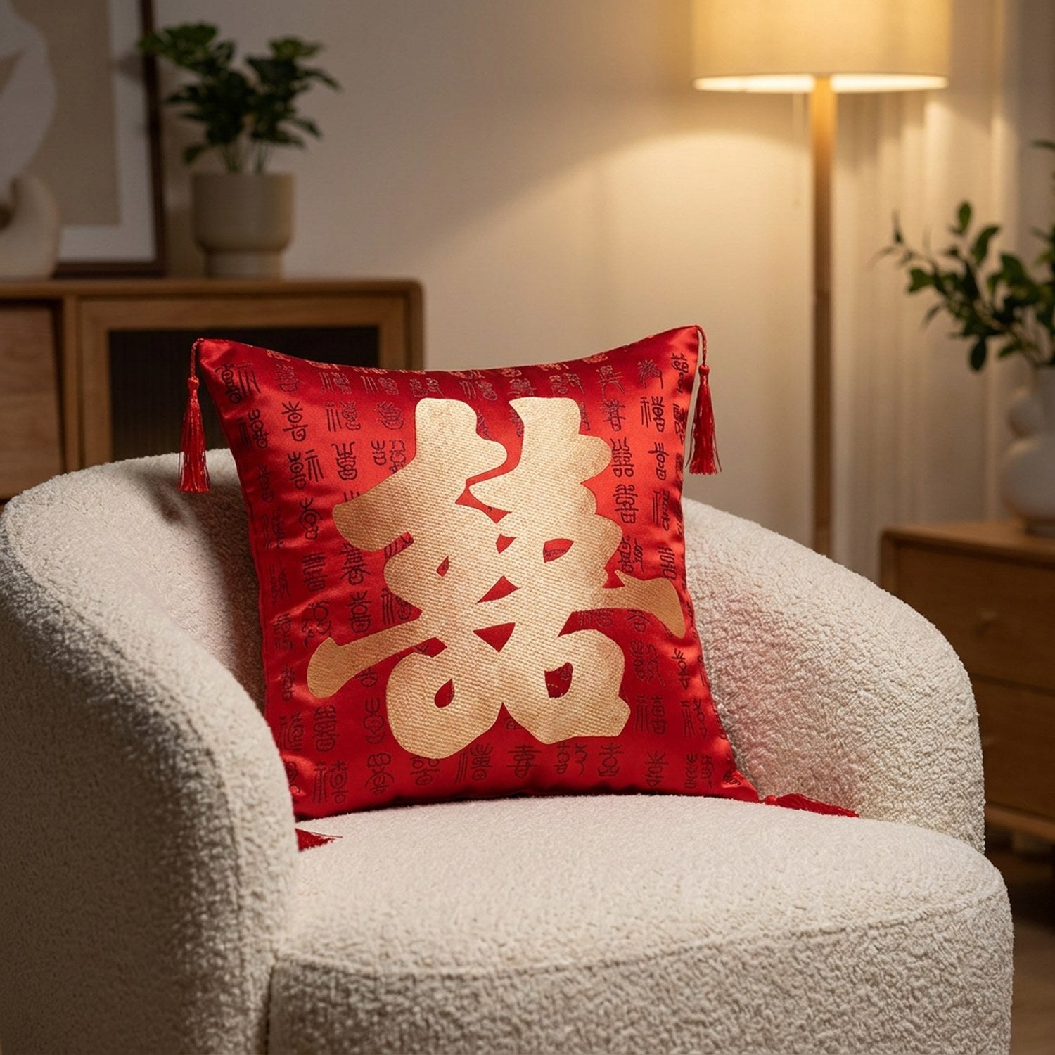 Housse de coussin brodée motif caractères dorés posée sur un fauteuil crème