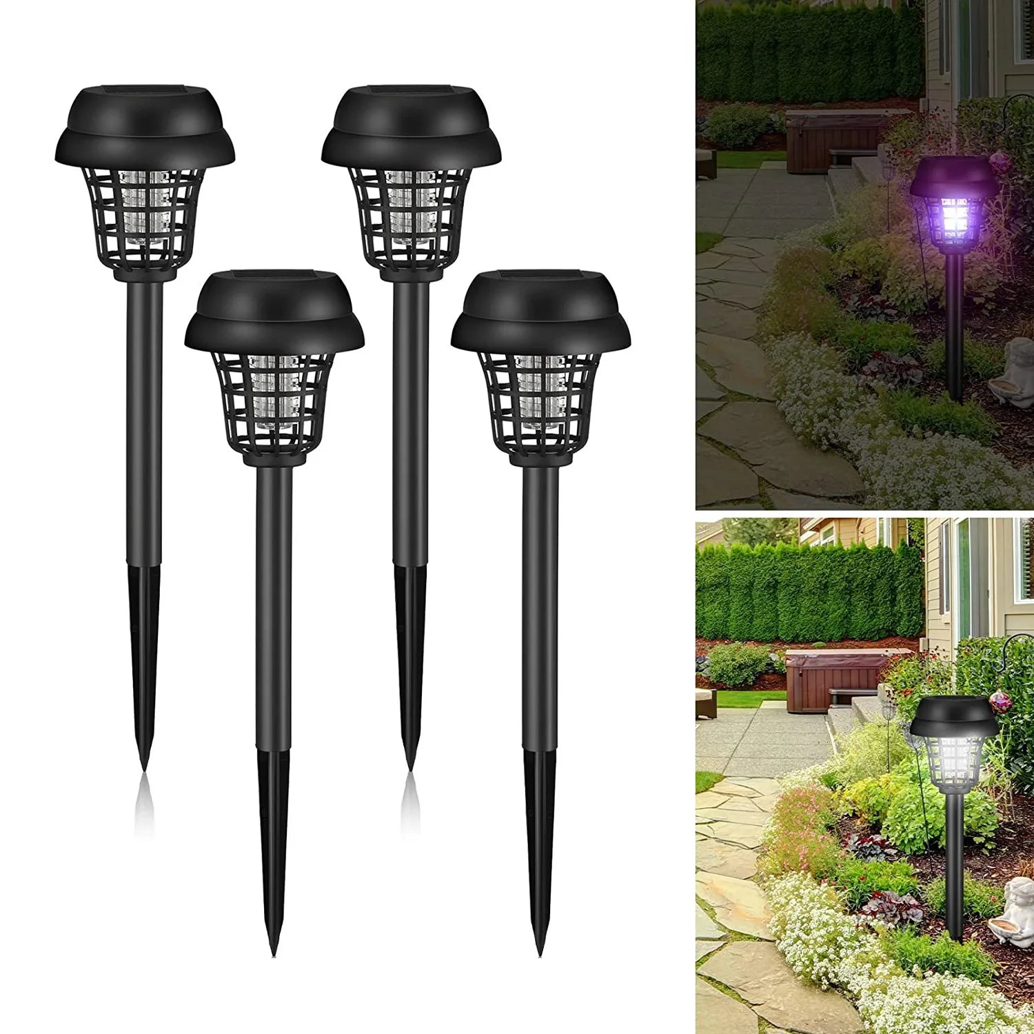 Lot de 4 lampes solaires anti-moustiques sur fond blanc vues de face