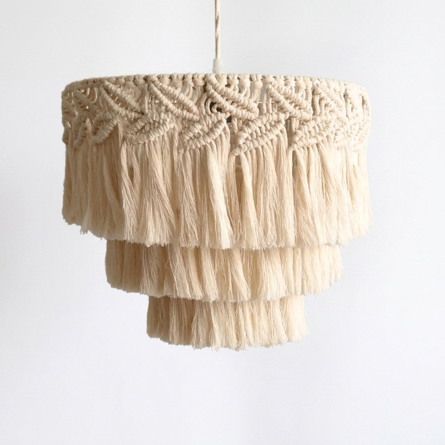 Abat-jour Macramé 40 cm, ivoire crème, nœuds macramé + 3 étages franges, Ø30×H40 cm