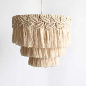 Abat-jour Macramé 40 cm, ivoire crème, nœuds macramé + 3 étages franges, Ø30×H40 cm