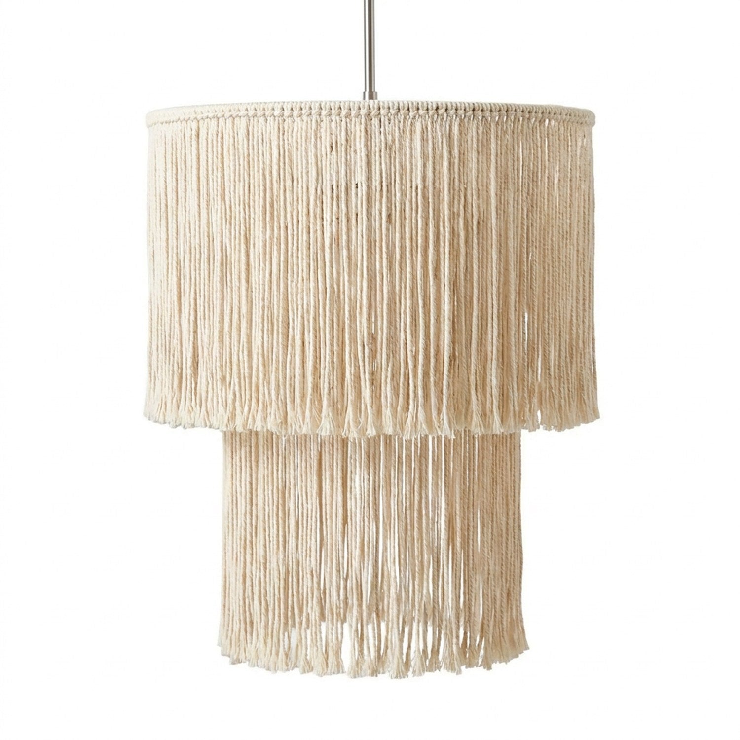 Abat-jour Franges 70 cm, franges droites coton crème, 2 niveaux cylindriques, Ø30×H70 cm