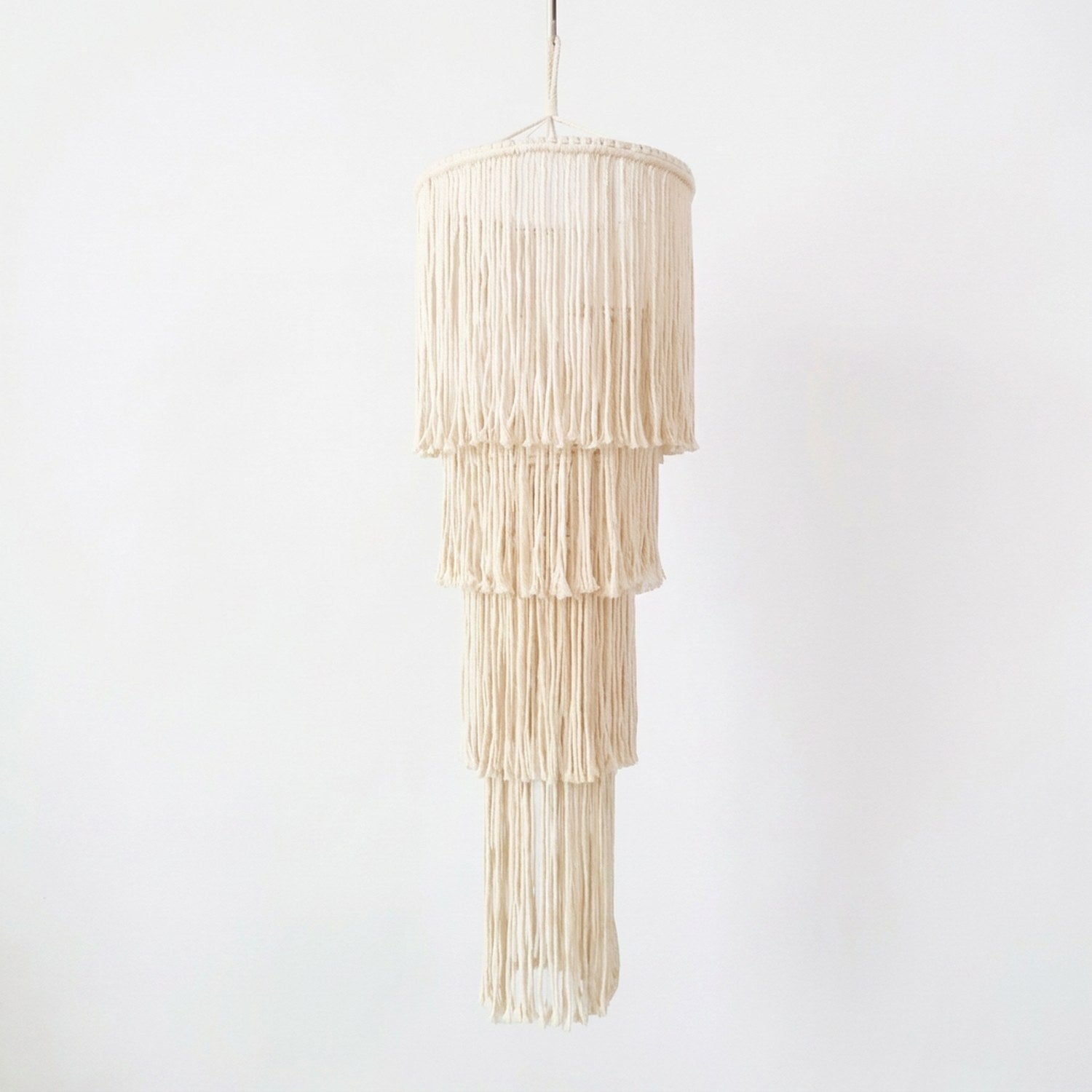 Abat-jour Cascade 100 cm, 4 étages franges tombantes coton crème, Ø30×H100 cm