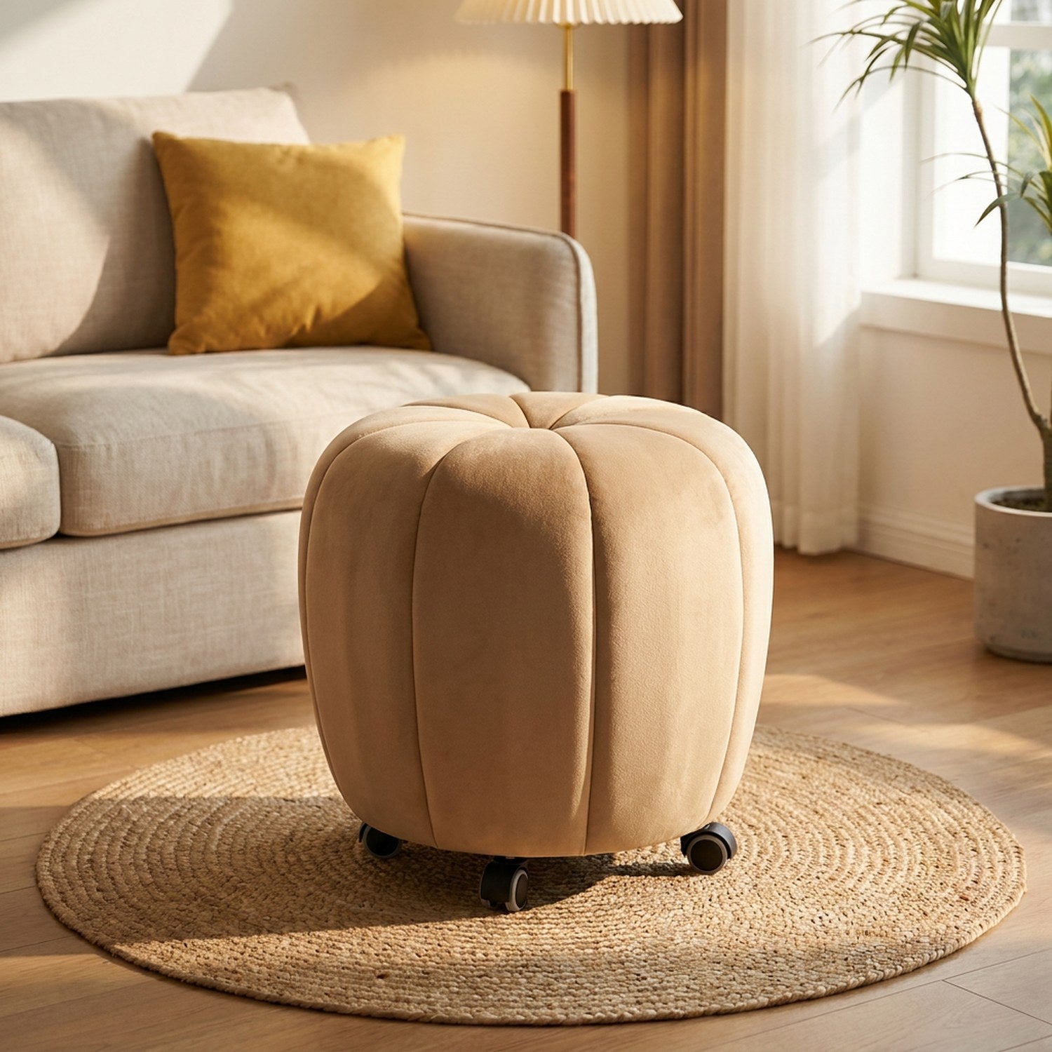Pouf tabouret citrouille beige avec roulettes dans un salon lumineux