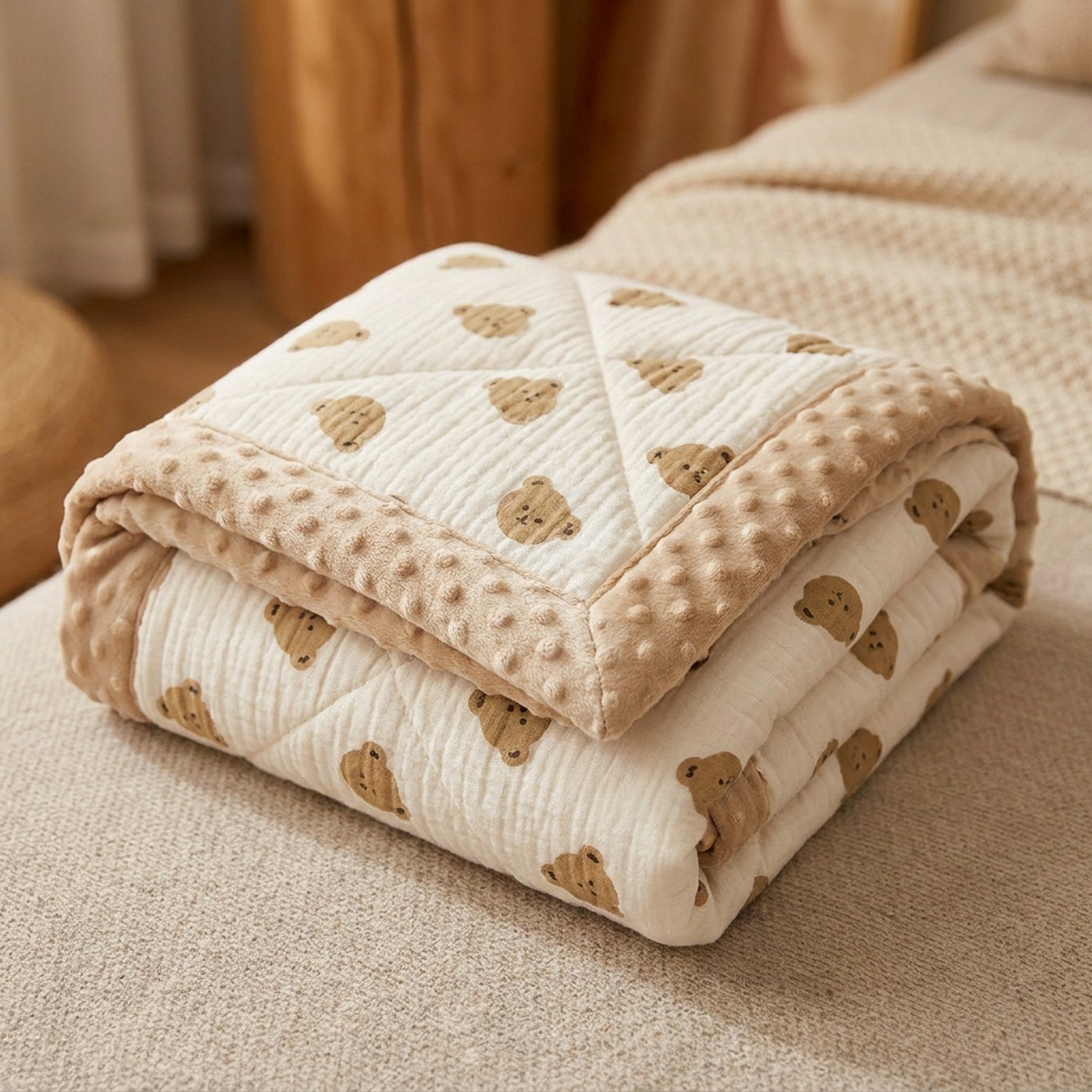 Couette bébé beige motif ours repliée montrant la bordure douce